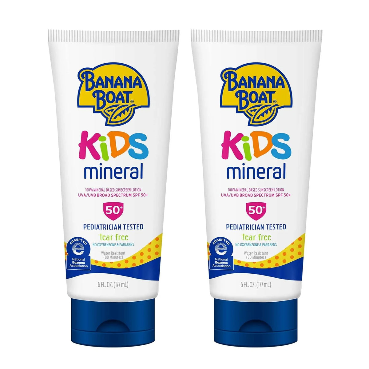 Banana Boat 100% Mineral Kids Sunscreen Lotion SPF 50, Twin Pack | Banana Boat Mineral Sunscreen for Kids, Childrens Sunblock SPF 50, Oxybenzone Free, 6Fl Oz each (Pack of 2)